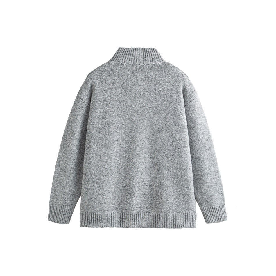 Back view of a light gray knit cardigan laid flat, with a ribbed stand collar, cuffs, and hem.