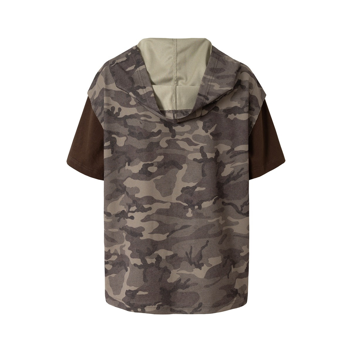 Back view of camouflage hooded short-sleeve top with brown sleeves and light sage hood lining