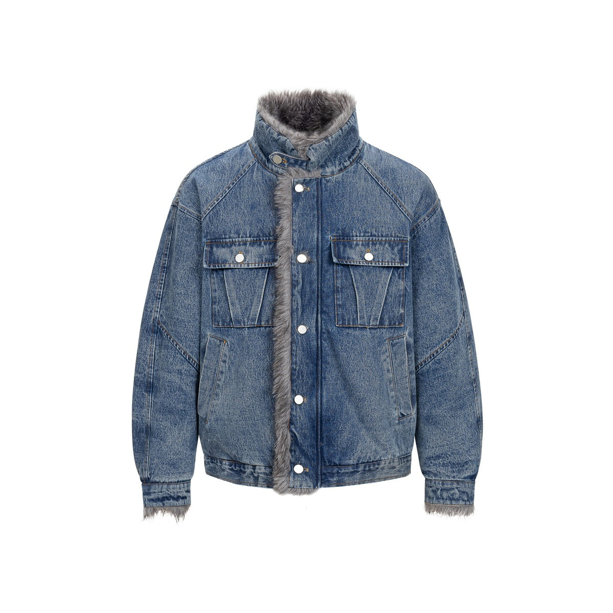 Washed blue denim jacket with gray fleece-like pile collar, chest flap pockets and snap-button front, flat front view