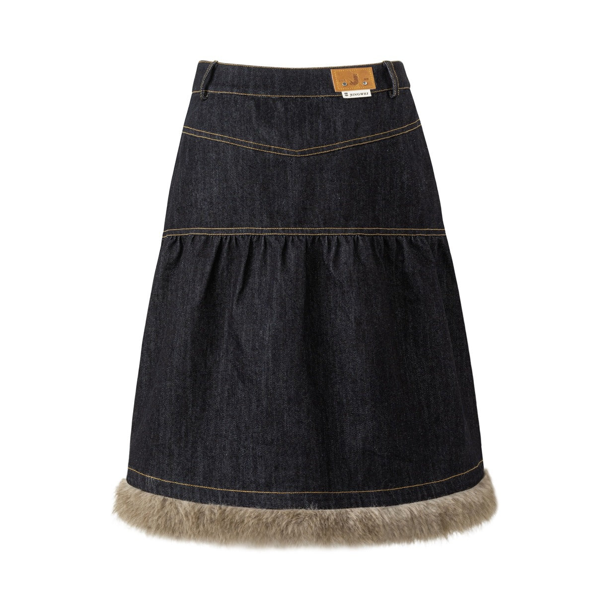 Back of dark indigo denim skirt with V-shaped yoke seam, gathered lower tier and fur-like hem trim