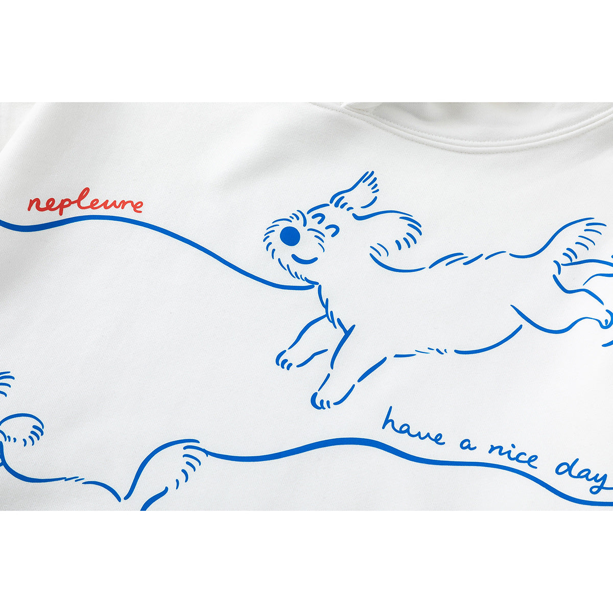 Close-up of a white hoodie with blue running-animal artwork and handwritten lettering.