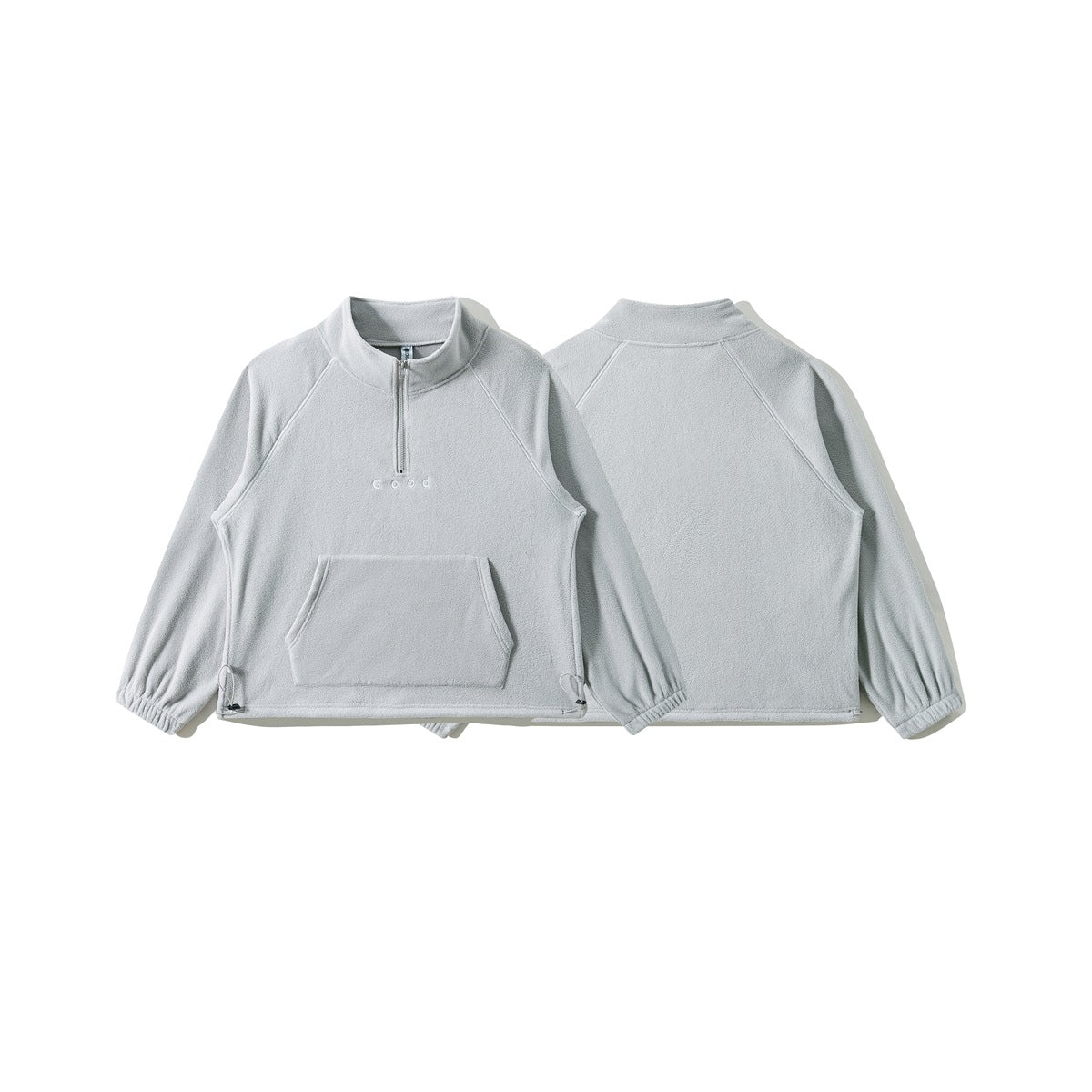 Pale gray quarter-zip pullover shown from the front and back, with a kangaroo pocket, stand collar, and raglan sleeves.