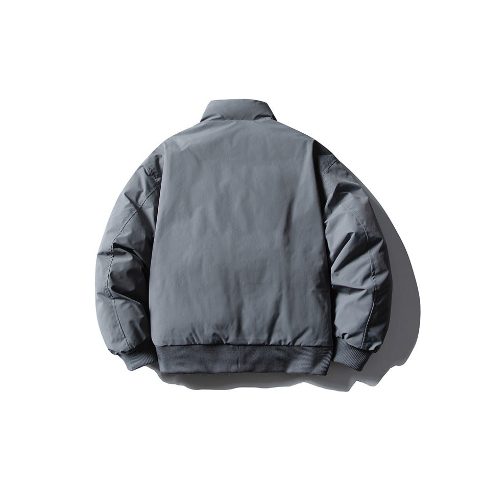 Gray-blue stand-collar jacket, flat back view, plain back panel, ribbed hem and cuffs