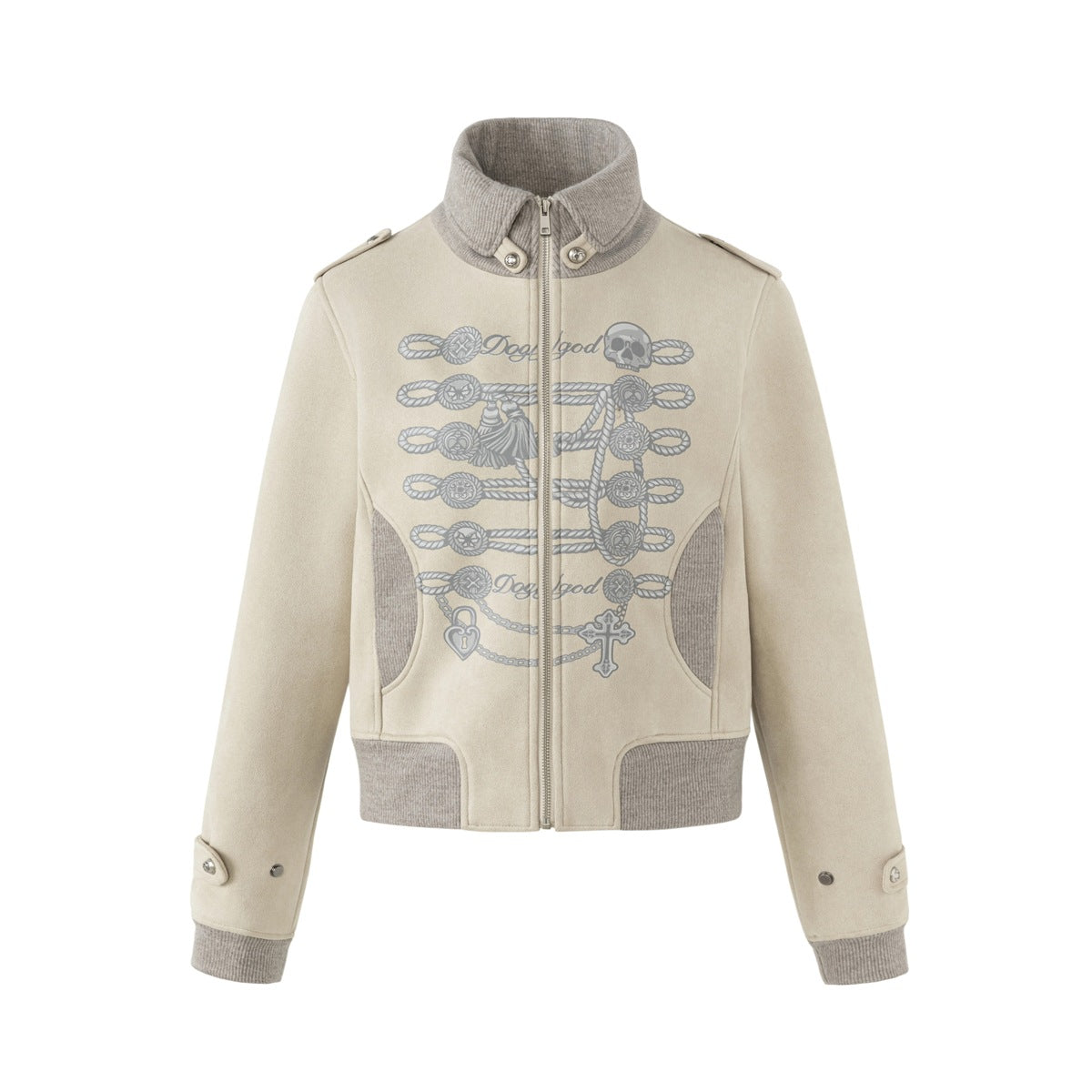 Beige suede-look cropped zip jacket with gray ribbed collar, side panels and cuffs, and a gray braided cord chest graphic