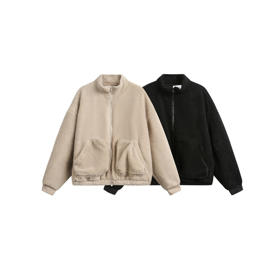Two front views of zip-up fleece jackets with high collars and patch pockets, shown in beige and black.