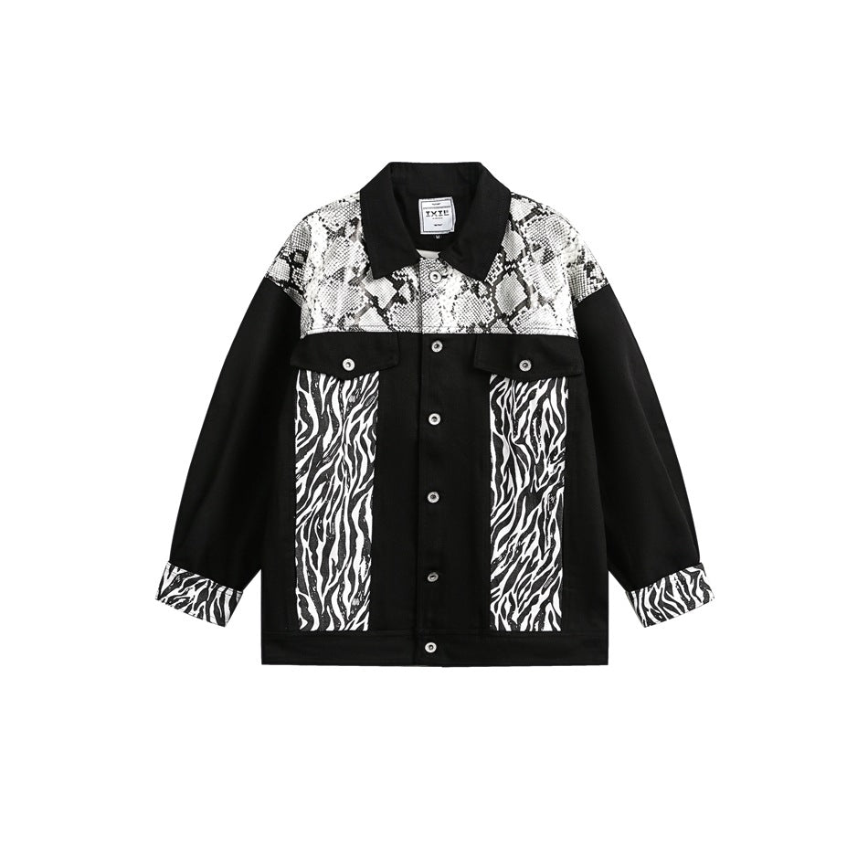 Black button-front jacket with snake-print yoke, zebra-print front panels and zebra-print cuffs, flat front view