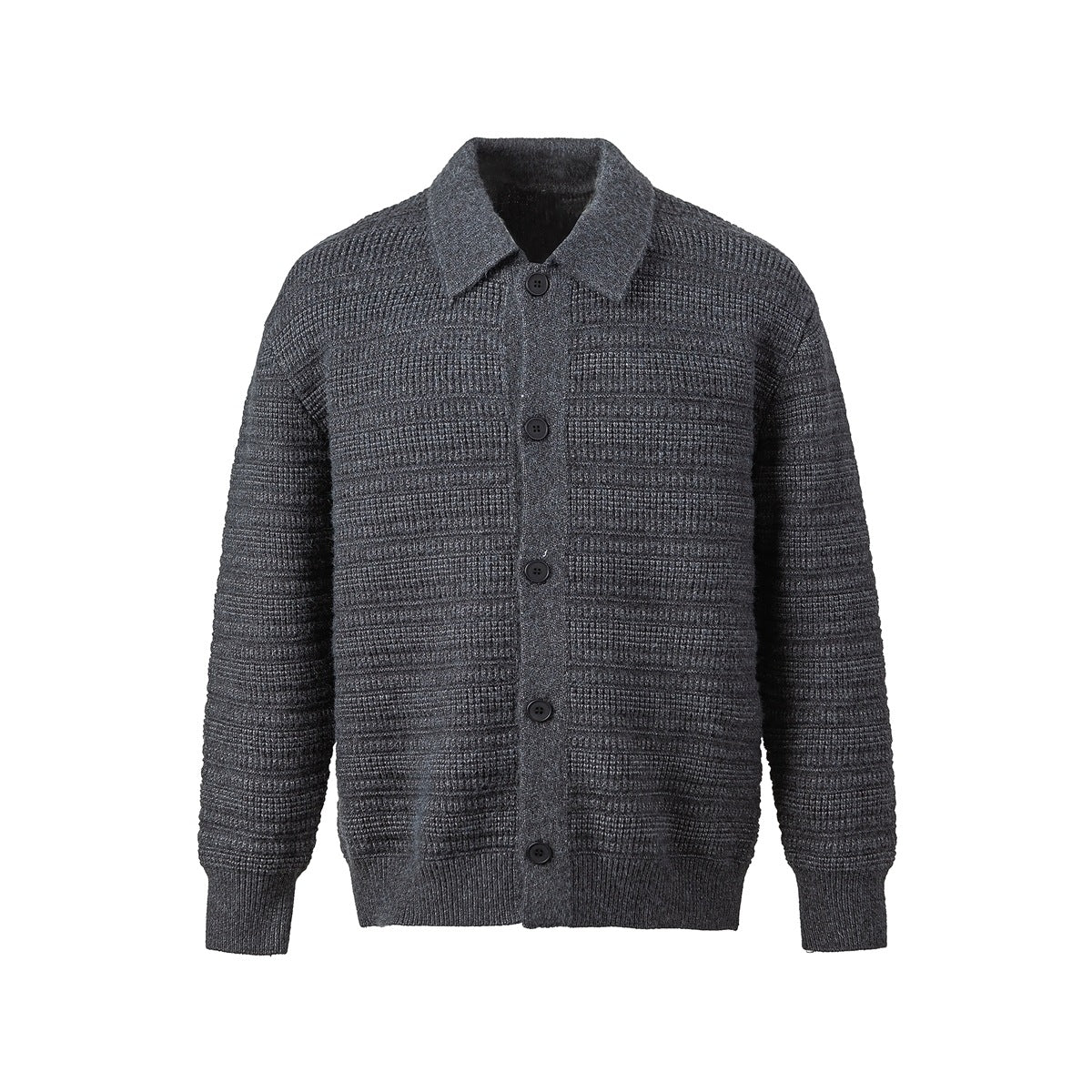 Gray textured knit button-front cardigan with collar and ribbed cuffs, flat front view