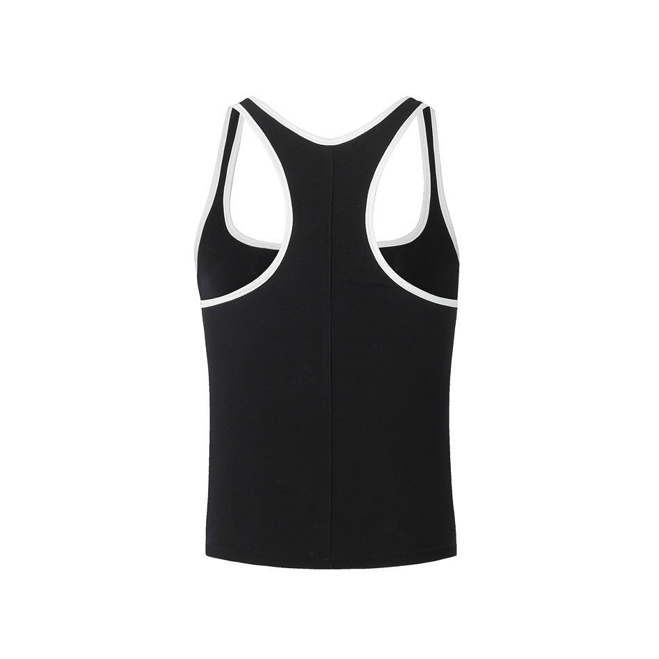 Back view of black racerback tank top with white trim and center back seam