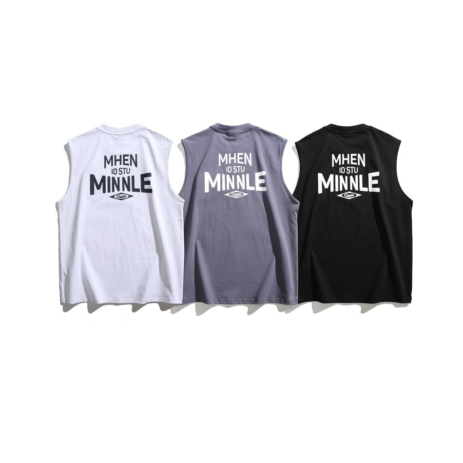 Three sleeveless tees shown from the back in white, gray, and black, each with a large contrasting graphic.