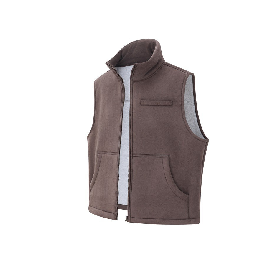 Muted brown sleeveless vest shown partly unzipped, with a raised collar, chest welt pocket, and two lower pockets.