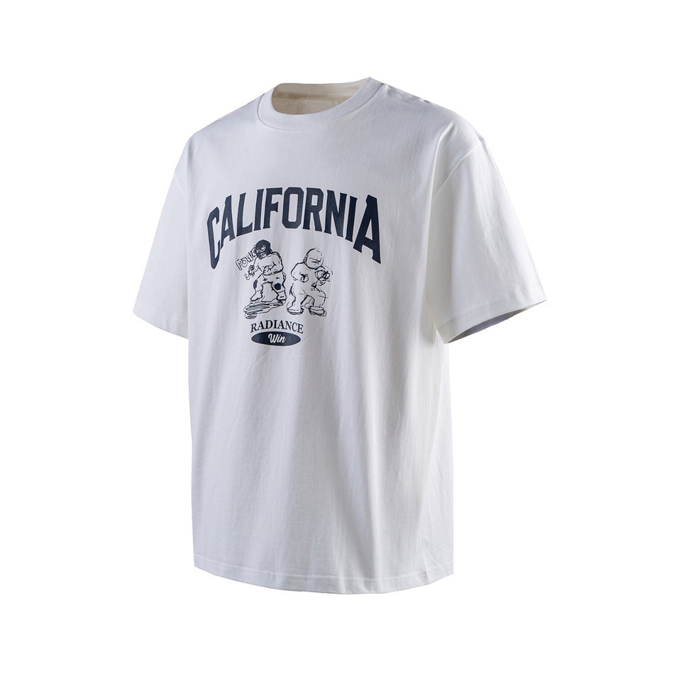 White short-sleeve crew neck T-shirt with navy CALIFORNIA arched print and cartoon figures, angled front view