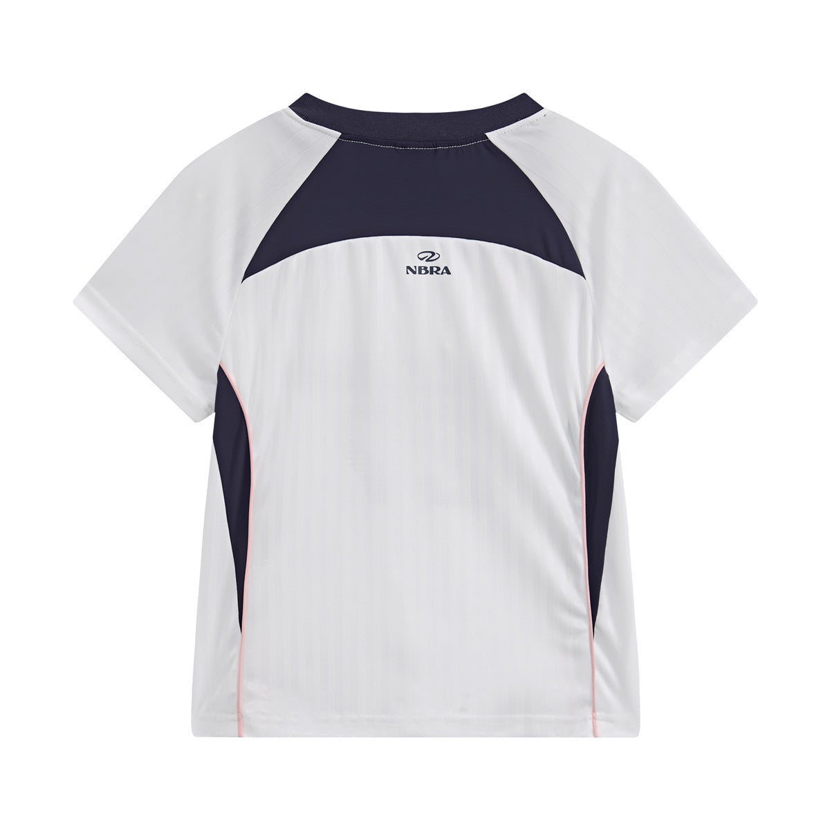 Back of white raglan T-shirt with navy yoke and side panels, pink piping and small NBRA logo