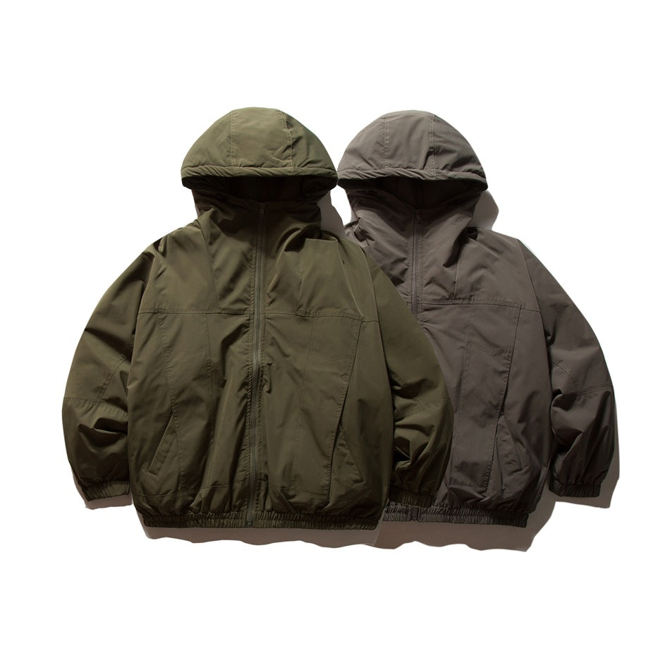 Two hooded jackets shown from the front, one olive green and one charcoal brown.
