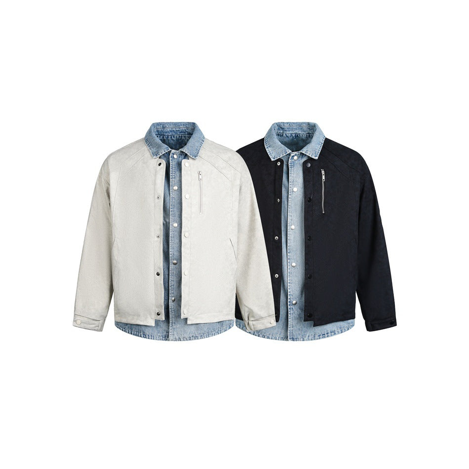 Two front views of a jacket with denim collars and plackets, shown in light gray and black colorways.