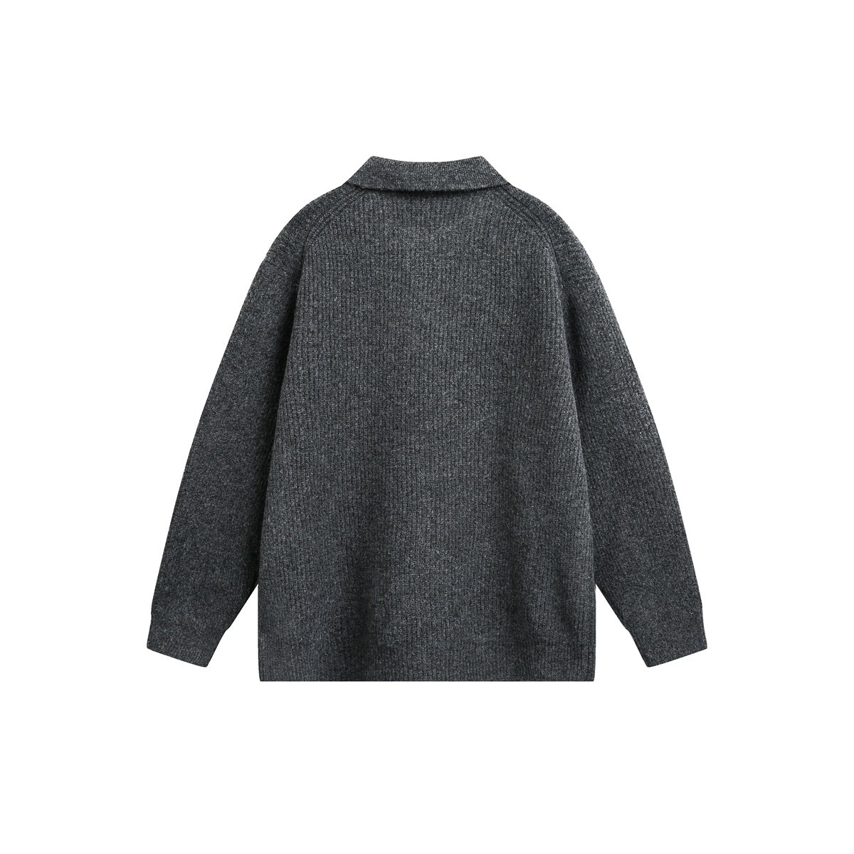 Back view of a charcoal gray knit top with a collared neckline and long sleeves, on a white background.