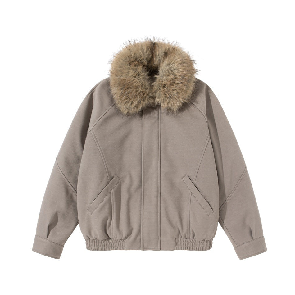 Khaki-taupe bomber-style jacket with a fur-like collar, front flat lay, raglan sleeves, slanted pockets and elastic hem