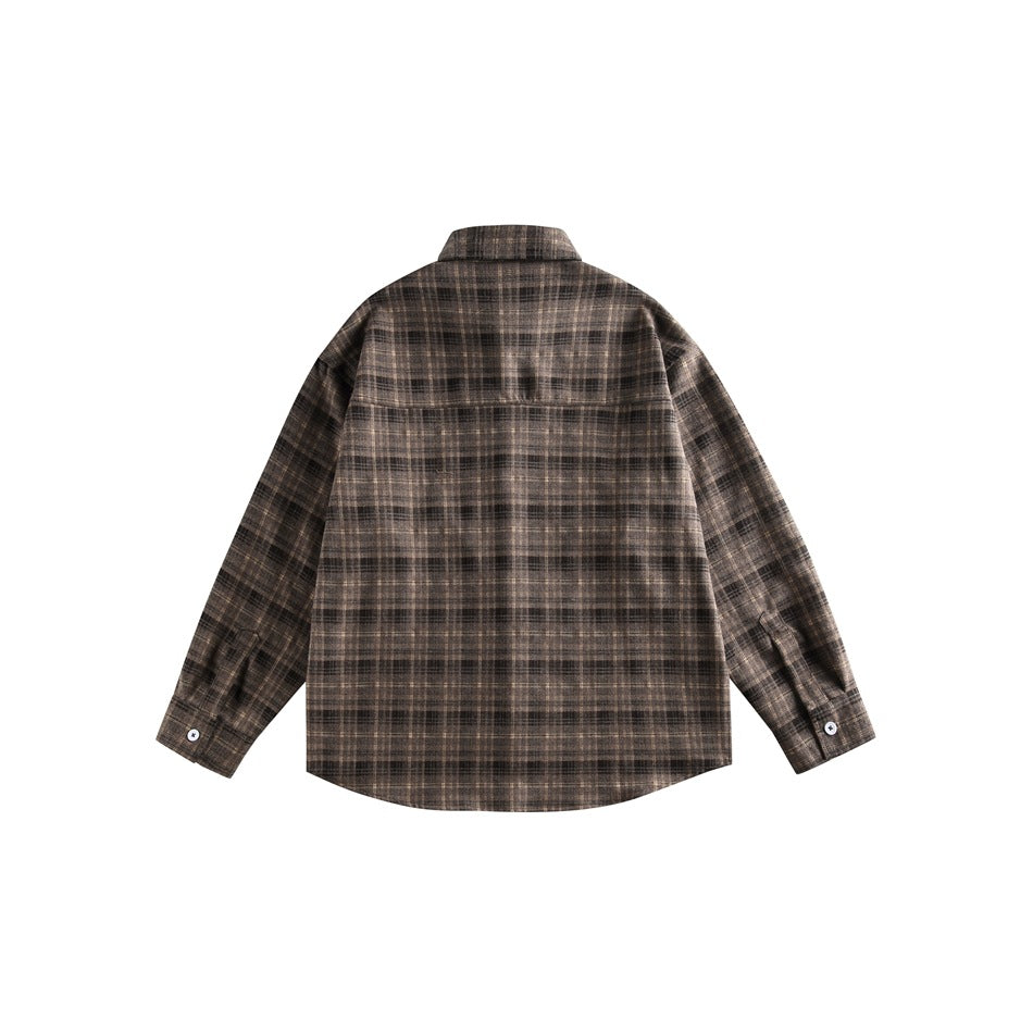 Back view of a dark brown and muted plaid long-sleeve button-up shirt on a white background.