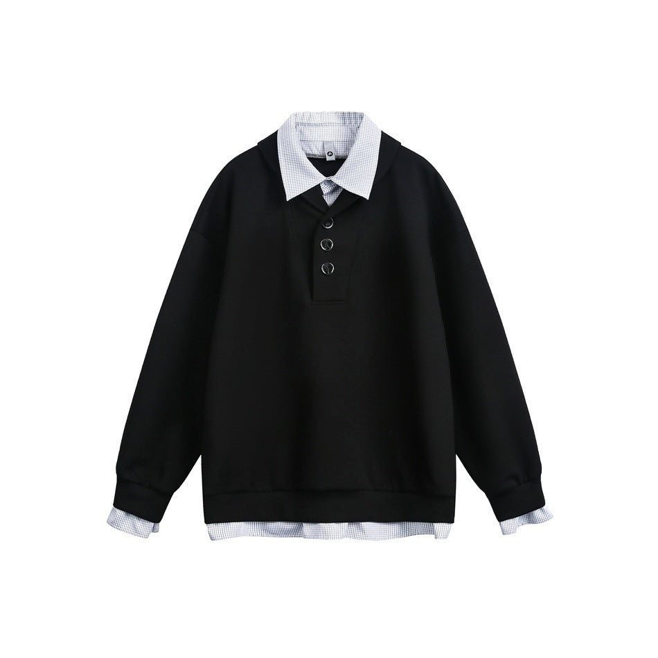 Black pullover sweatshirt flat lay with gingham collar, three buttons, ribbed cuffs and layered hem
