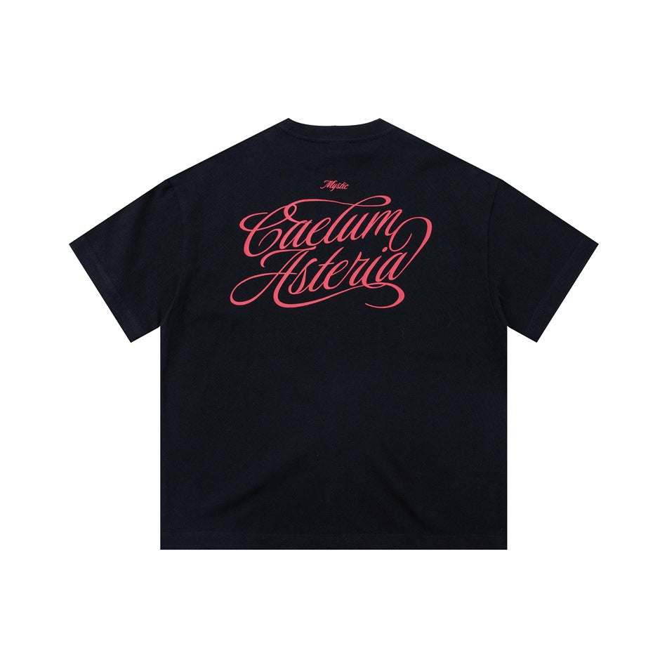 Black short-sleeve T-shirt back with large red script 'Caelum Asteria' graphic and small 'Mystic' text