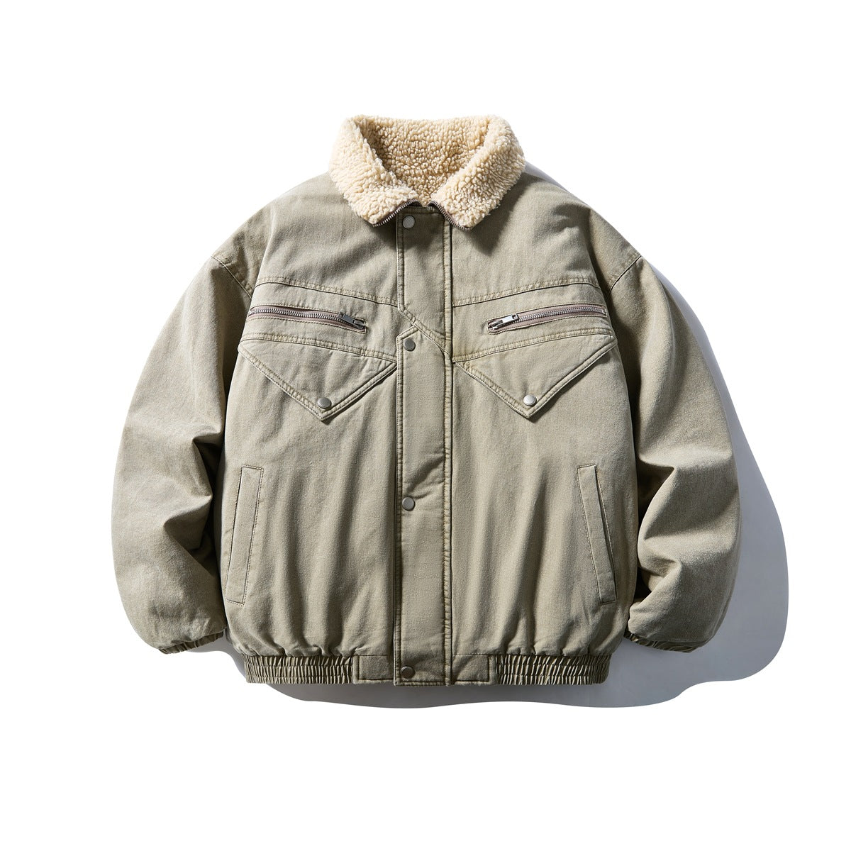 Light khaki bomber jacket with cream fleece-like collar, chest zip pockets, snap placket and elastic hem, flat lay