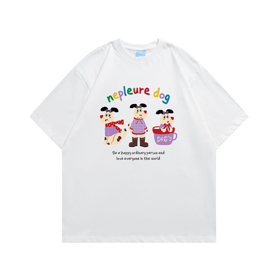 White short-sleeve crew-neck T-shirt with three cartoon dogs and colorful 'nepleure dog' lettering, flat lay
