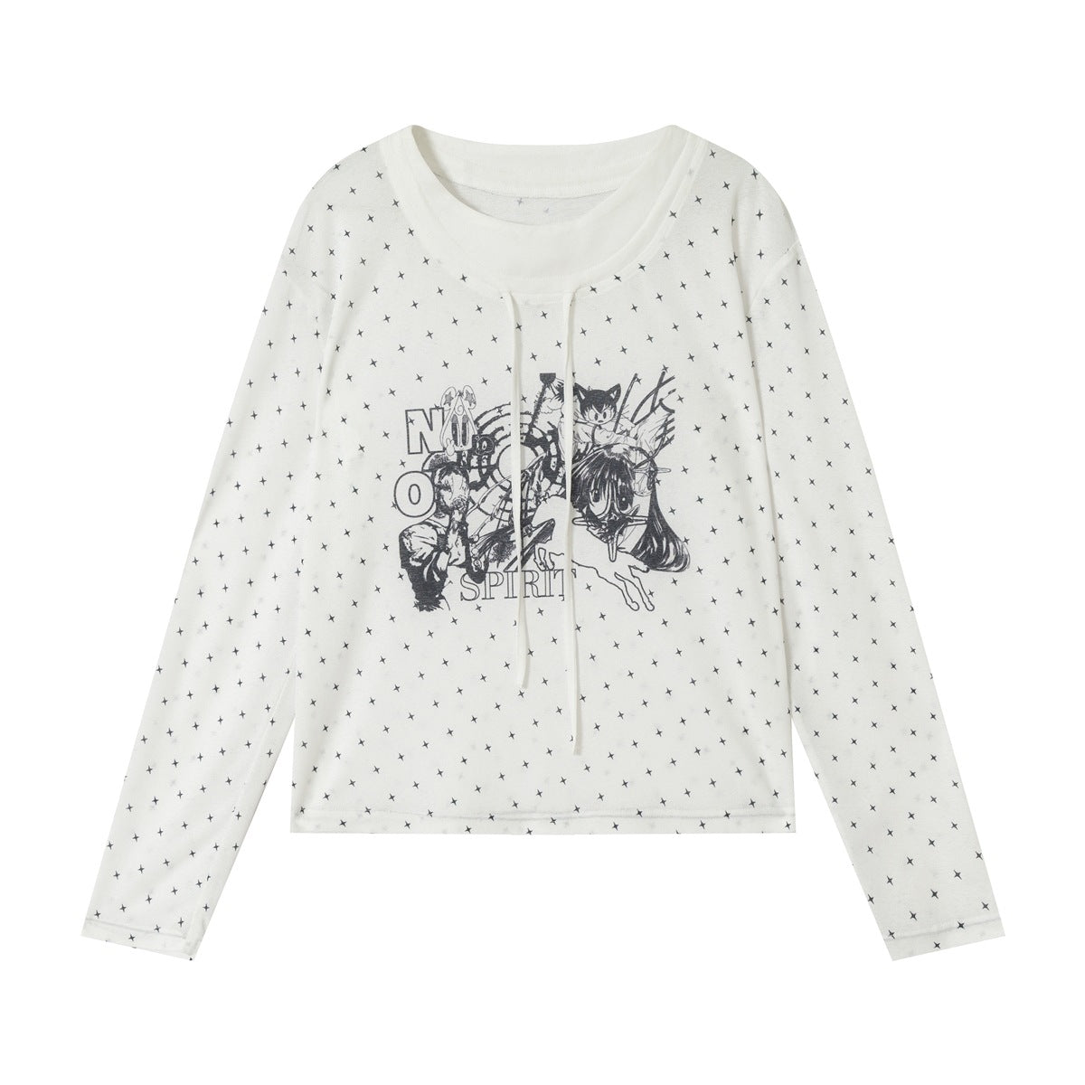 White long-sleeve top with black star print, drawstring neckline and black-and-white graphic on the chest