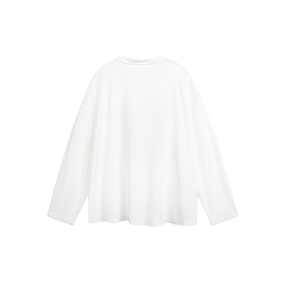 Back view of a plain white long-sleeve shirt laid flat against a white background.