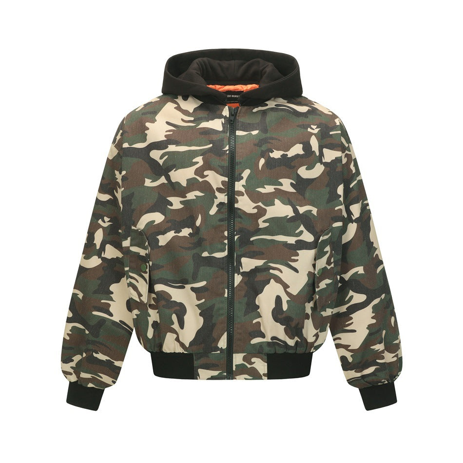 Front of camouflage hooded bomber jacket with black hood, ribbed cuffs and hem, front zipper and orange hood lining