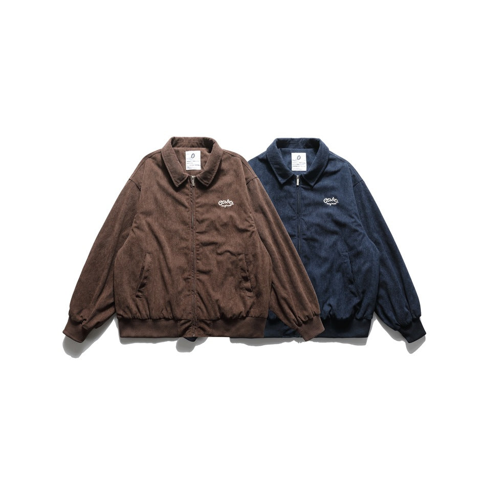 Brown and navy zip-front jackets shown from the front, with collars, ribbed cuffs, and small chest embroidery.