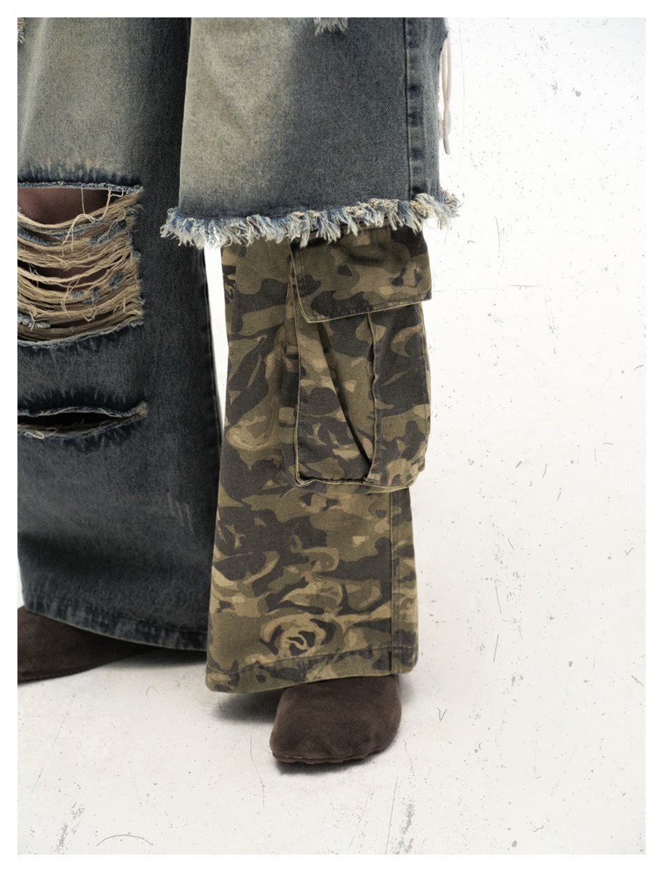 Close-up of the pants’ frayed denim hem, ripped knee and olive camouflage cargo pocket on a model.