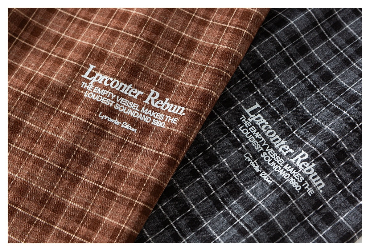 Brown and charcoal windowpane-check fabric colorways, each with white English lettering.