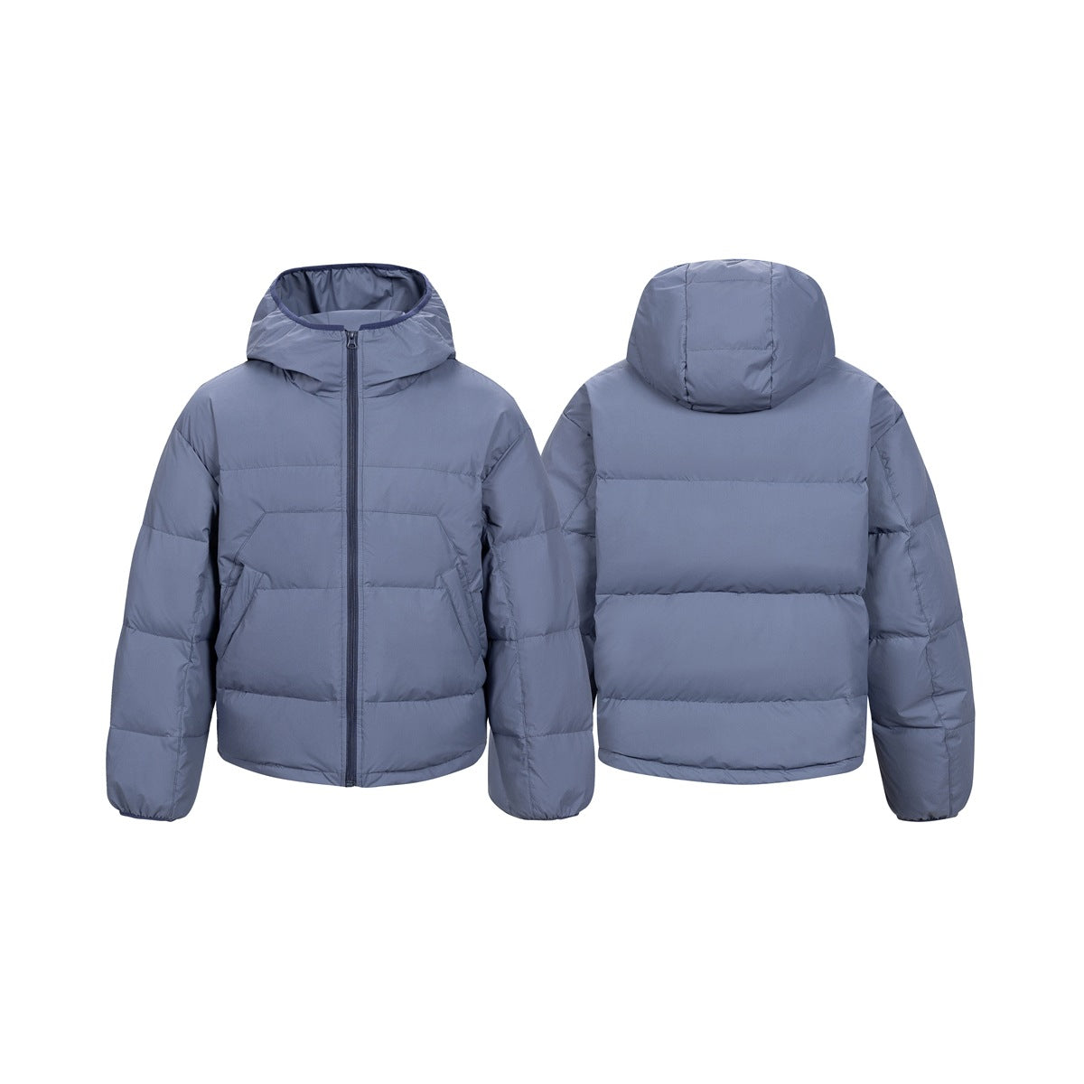 Slate-blue hooded padded jacket shown from the front and back, with a front zipper and horizontal quilting.