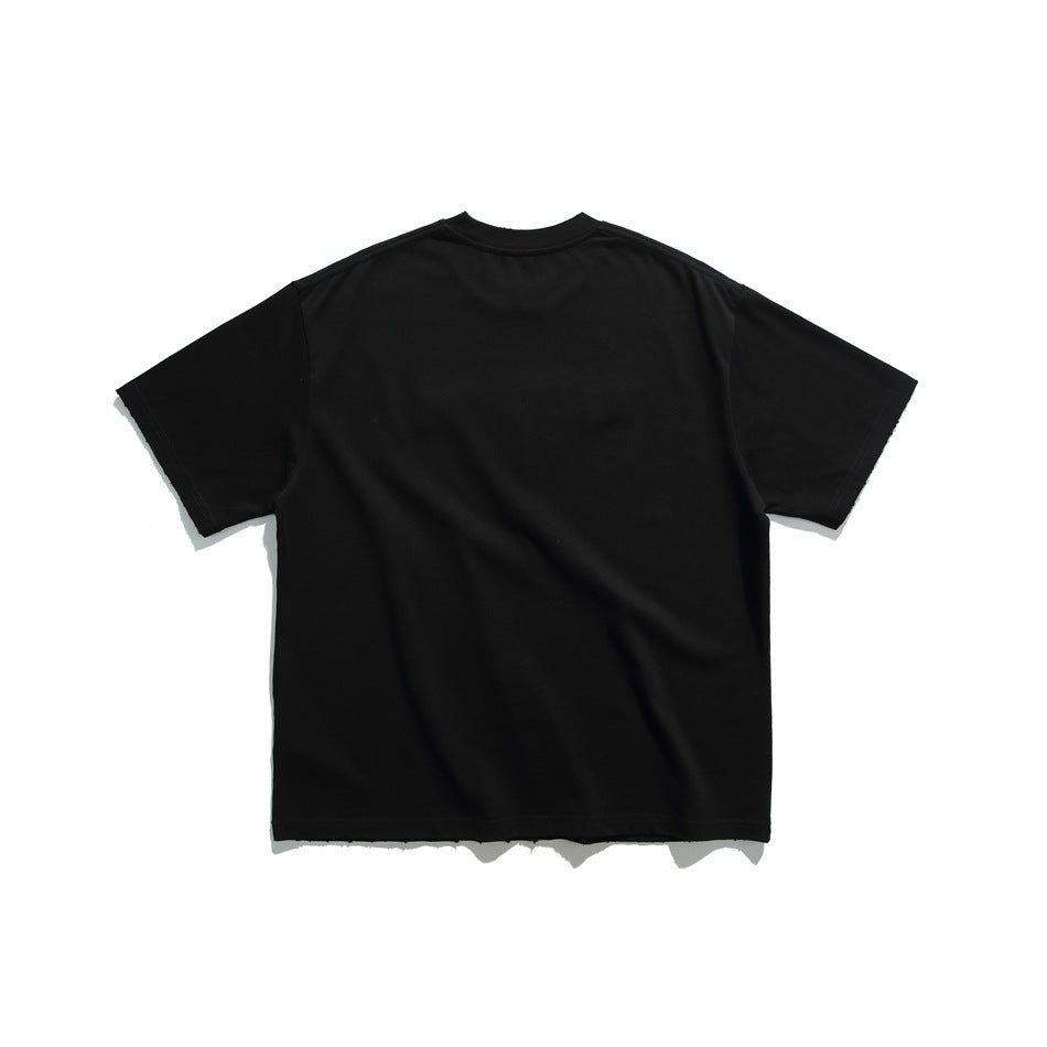 Back view of a plain black short-sleeve crew-neck T-shirt with a frayed hem, flat lay