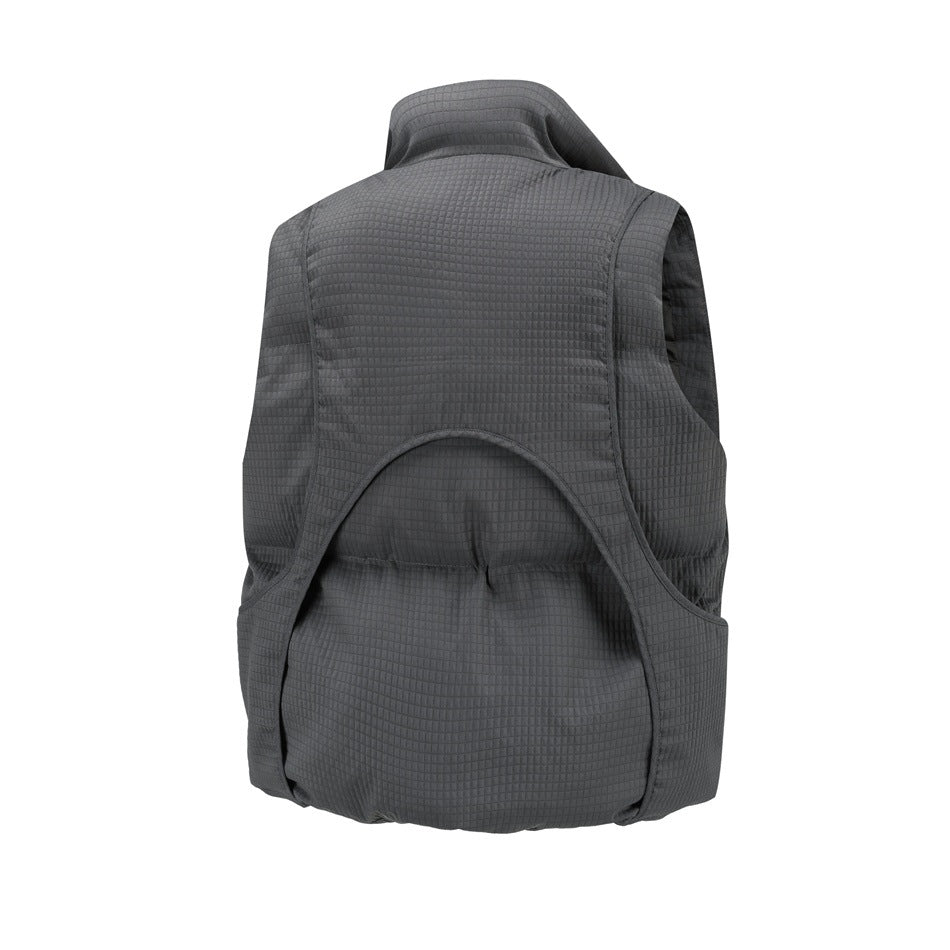 Back view of a charcoal gray sleeveless quilted vest with a raised collar and curved panel seams.