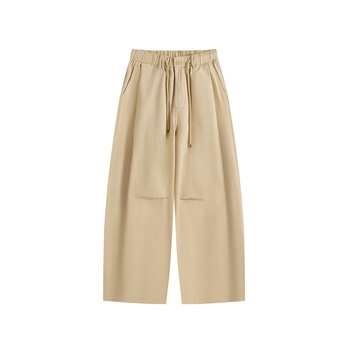 Khaki wide-leg drawstring trousers with elastic waistband, front pleats and knee seams, flat lay front view