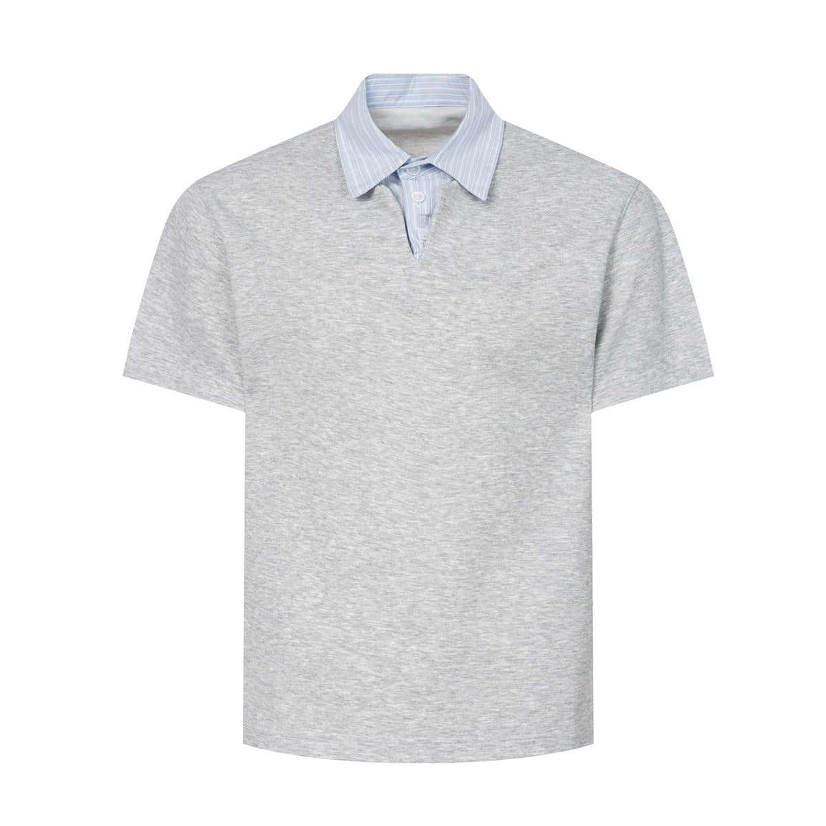 Heather gray short-sleeve polo-style top with a light blue striped collar and button placket, flat front view