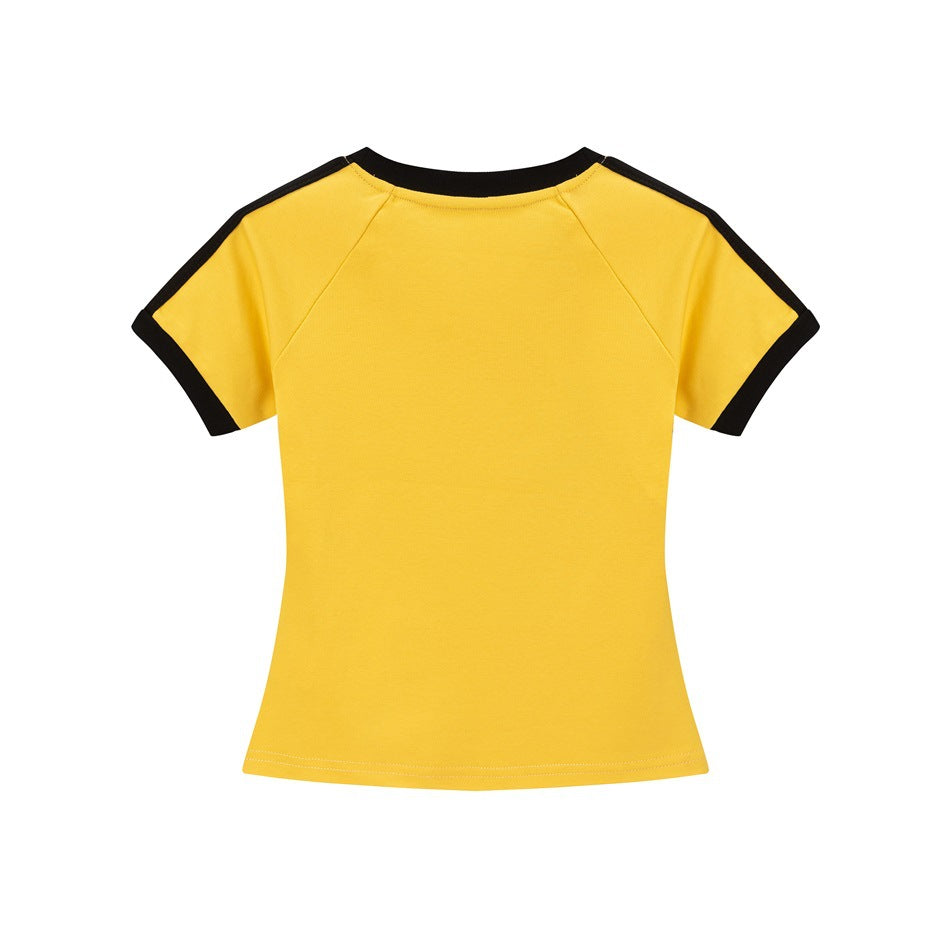 Back view of a yellow short-sleeve raglan T-shirt with black collar and sleeve trim.