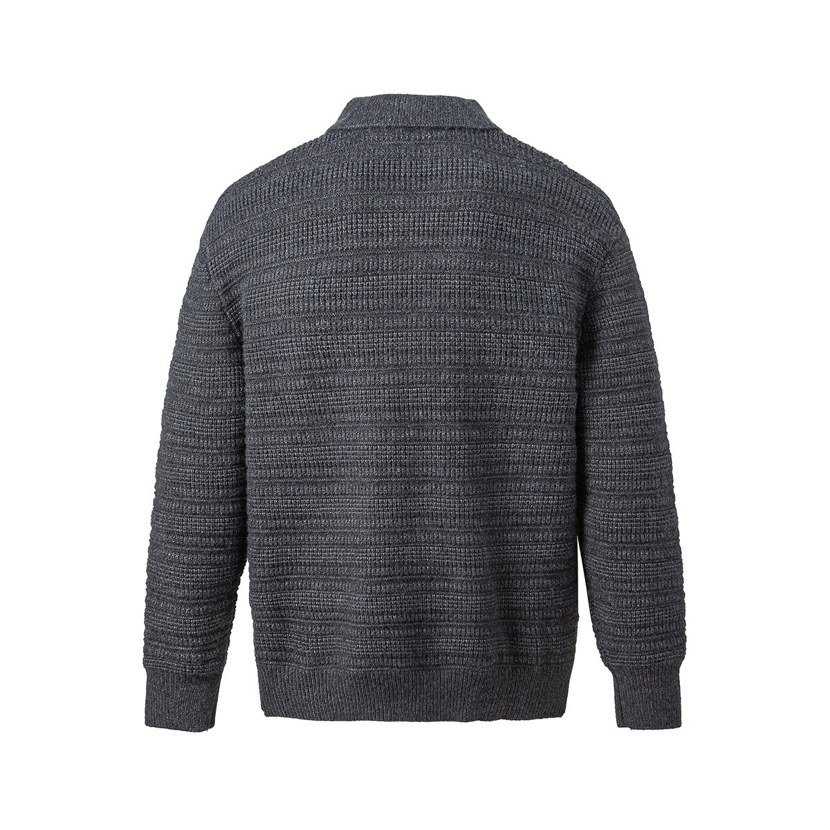 Back view of a charcoal gray knit cardigan with textured horizontal bands and ribbed cuffs and hem.