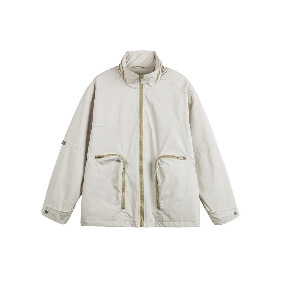Light khaki stand-collar zip jacket with two large zippered snap pockets and snap cuffs, flat front view