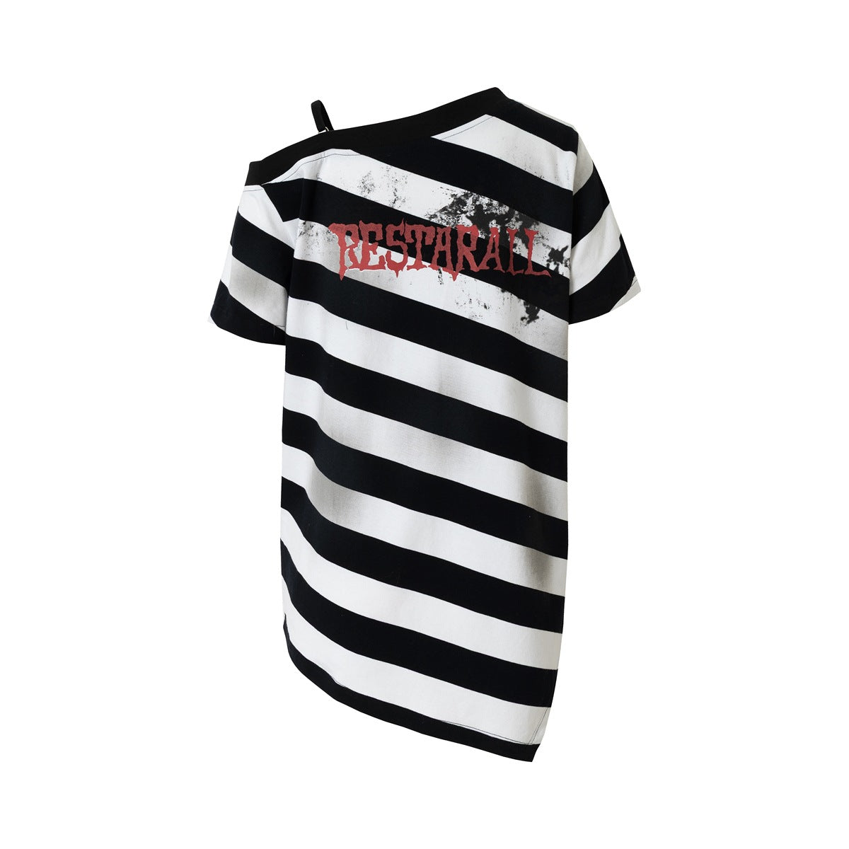 Back view of black and white striped asymmetric off-shoulder T-shirt with red lettering print and speckle details