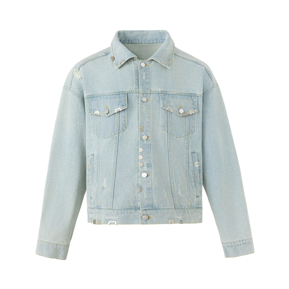 Light blue distressed denim jacket with chest flap pockets and metal letter hardware, front flat view