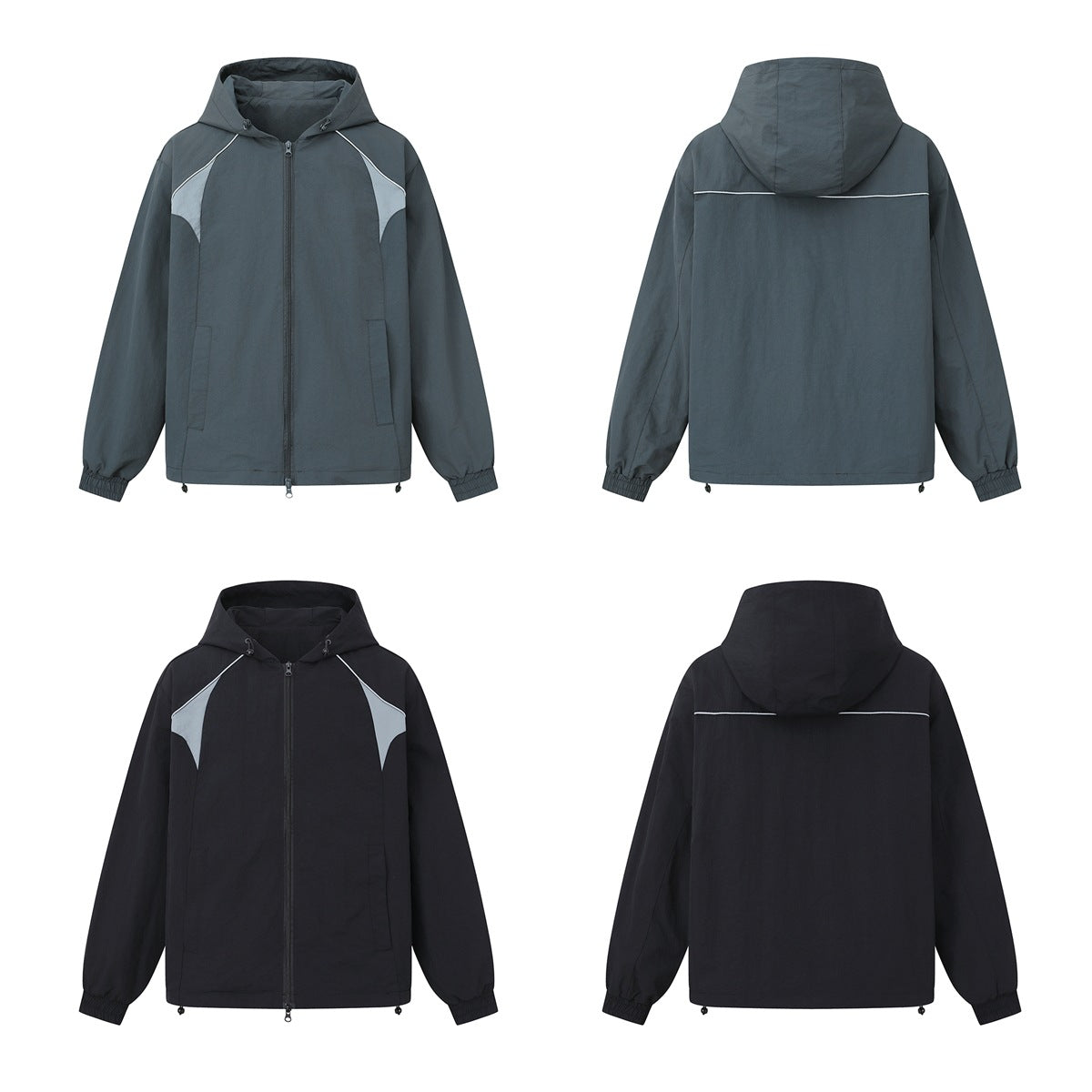 Front and back views of the hooded zip jacket in gray-blue and black, with shoulder panels and back piping