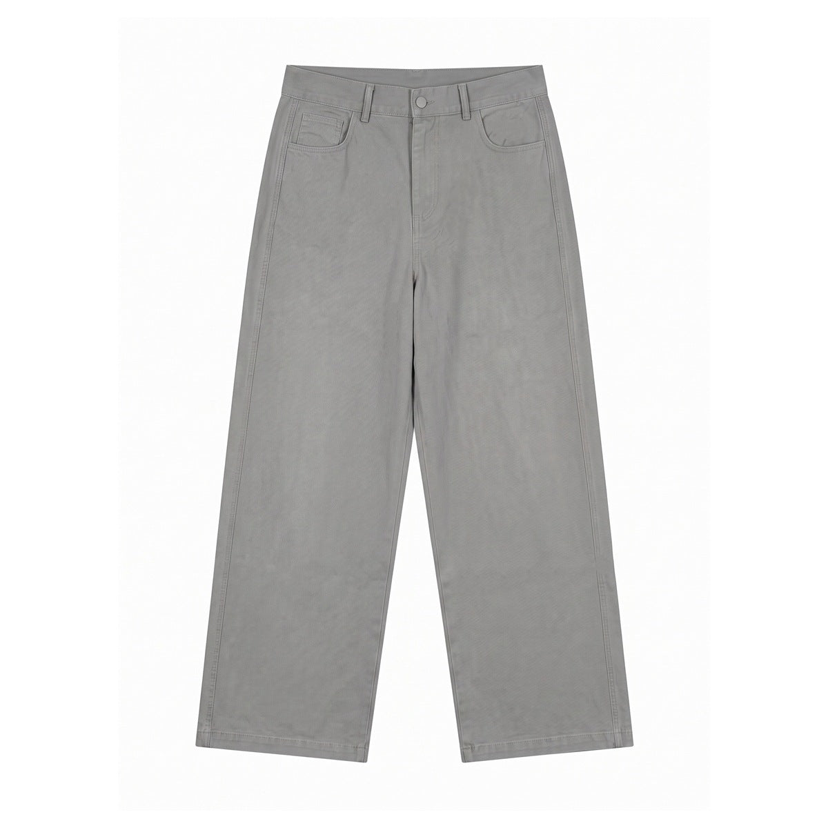 Gray wide-leg five-pocket pants with zip fly and button, flat lay front view on a light background