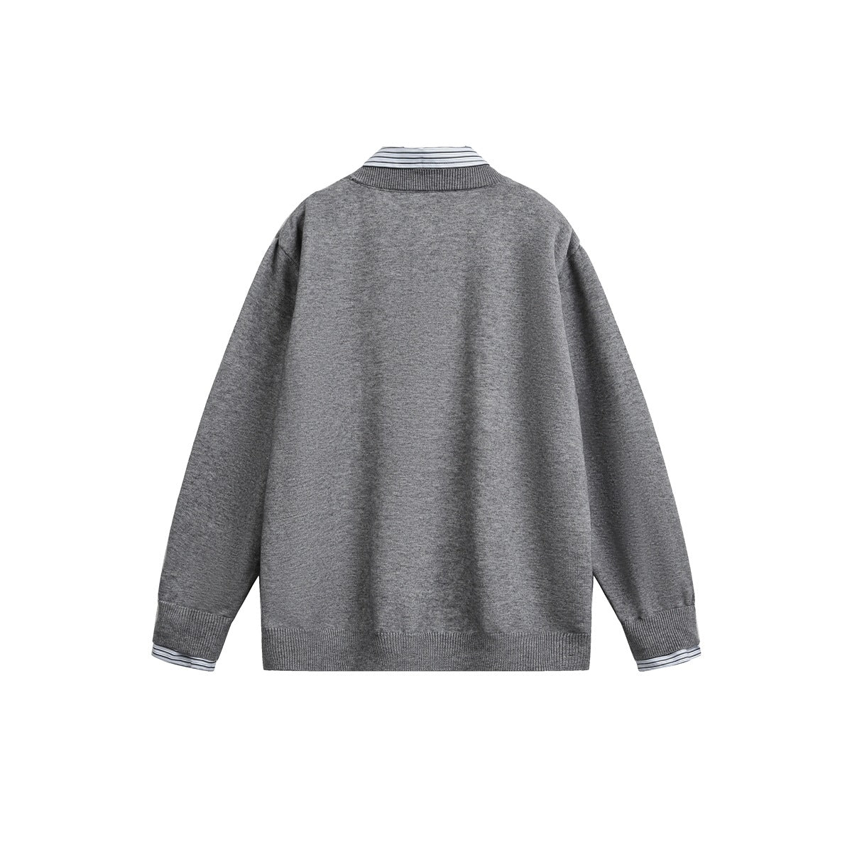 Back of a gray knit sweater with a striped shirt collar and striped cuffs.