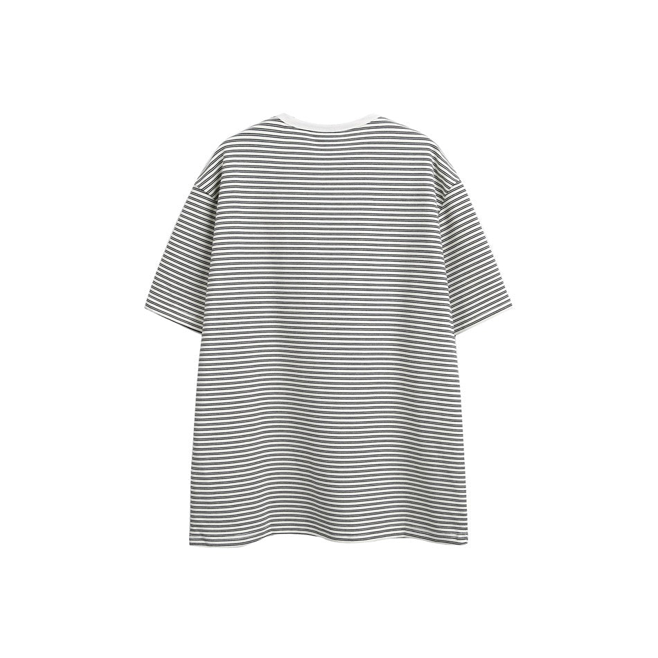 Back view of a white short-sleeve shirt with fine dark horizontal stripes.