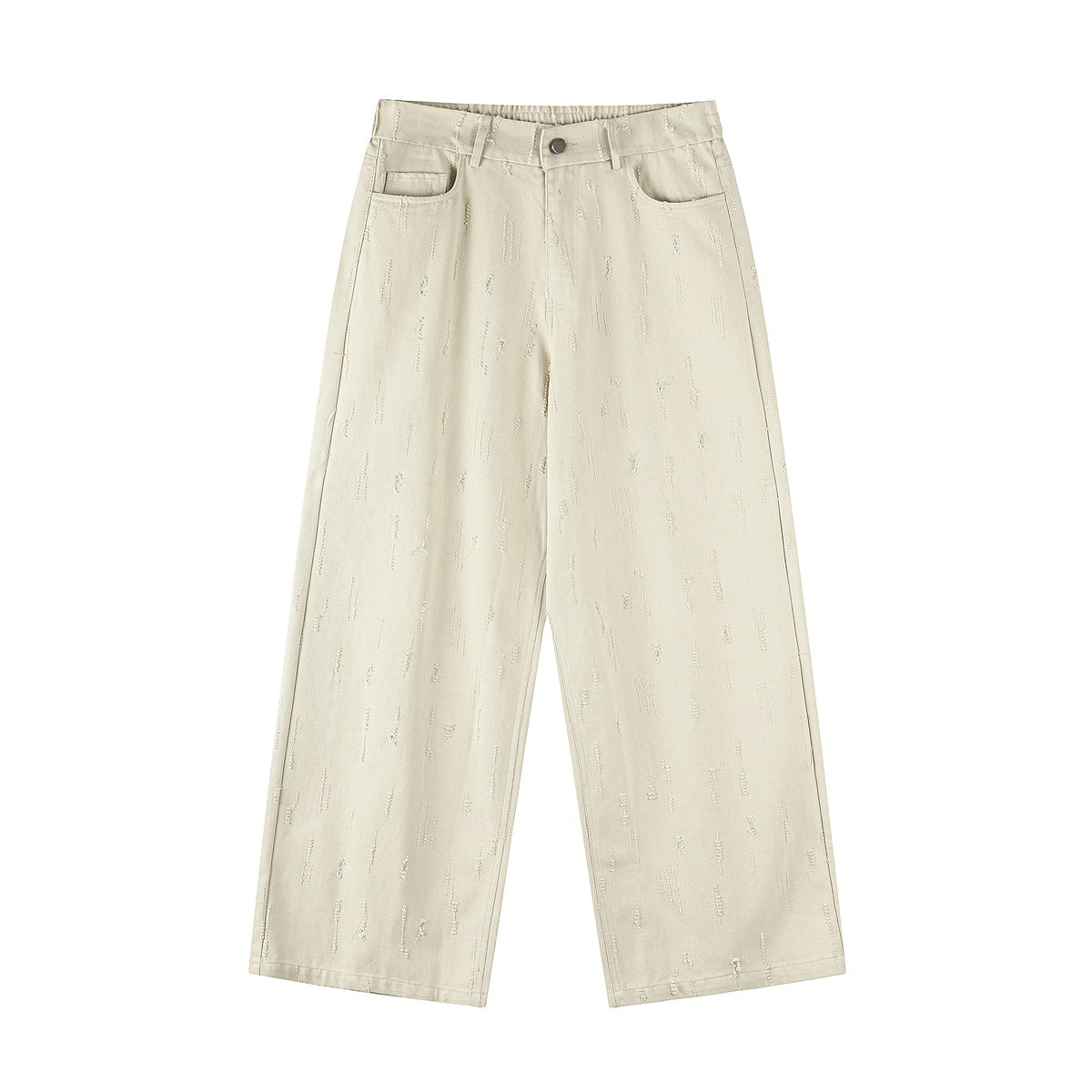 Beige wide-leg pants with button closure, belt loops and scattered vertical distressed slits, front flat view