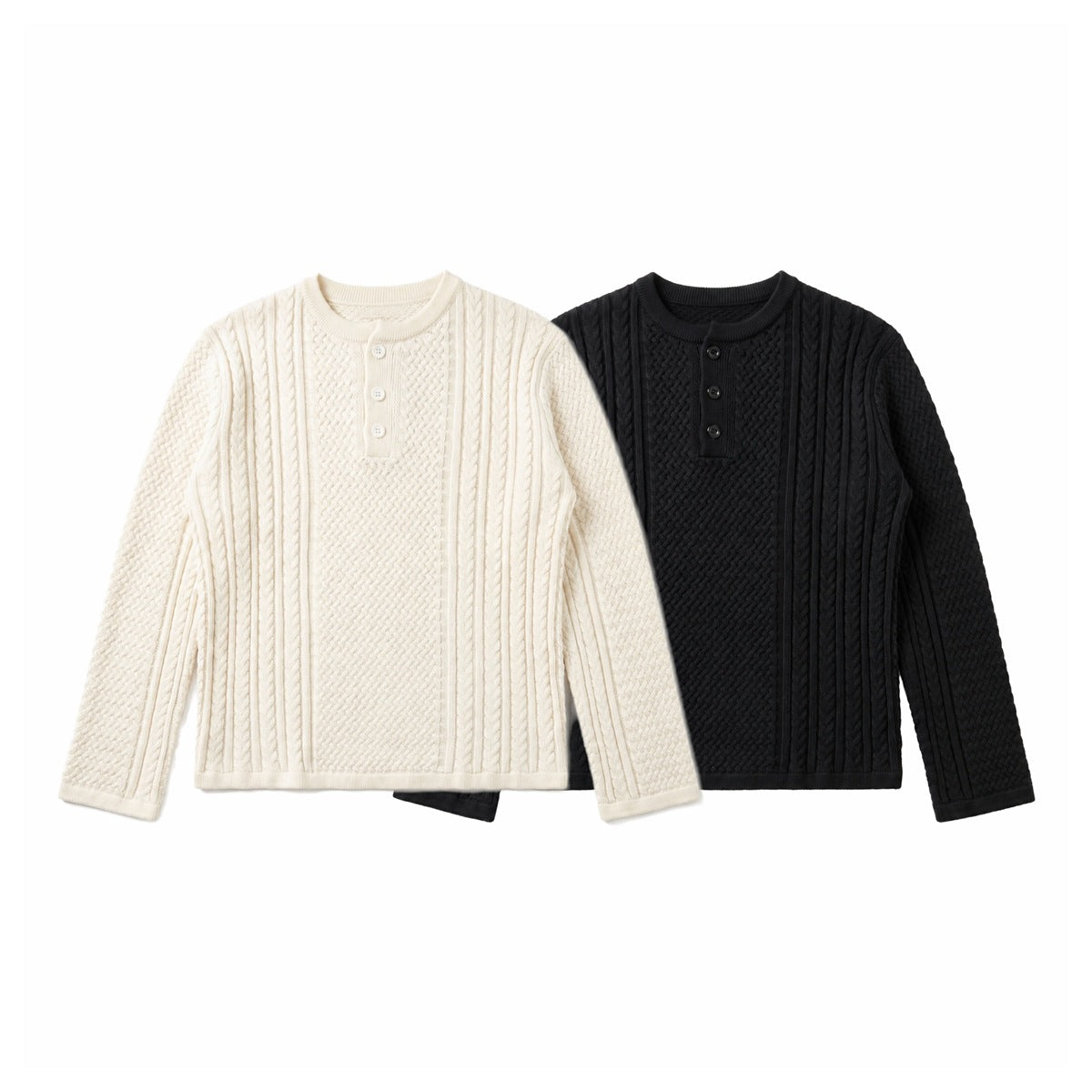 Ivory and black textured knit pullovers shown side by side from the front.