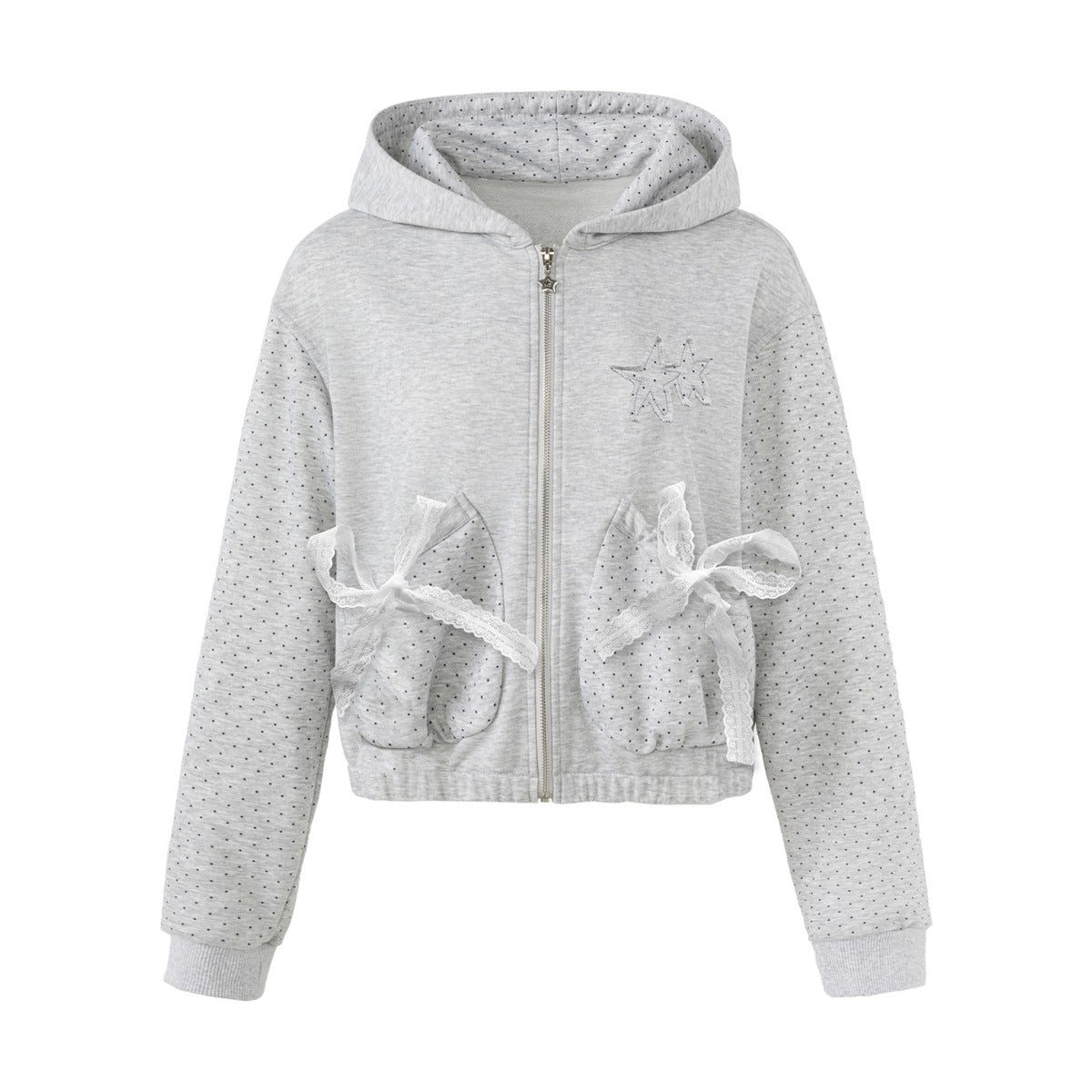 Gray cropped zip-up hoodie with polka-dot sleeves, lace bow-tie pockets and an embroidered star, front view