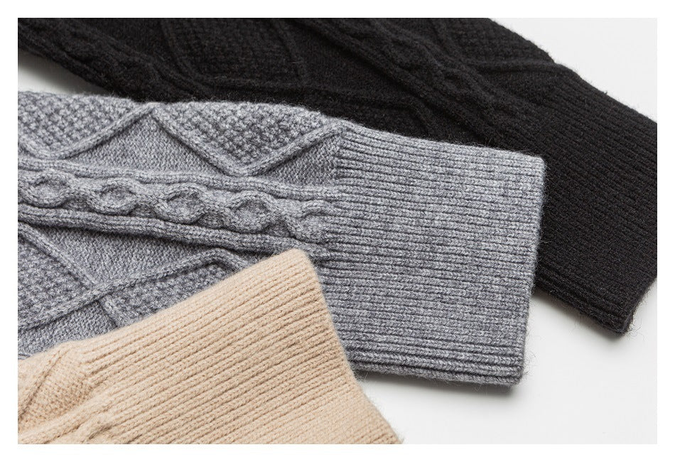 Close-up of sweater cuffs and cable-knit details in gray, black, and beige.