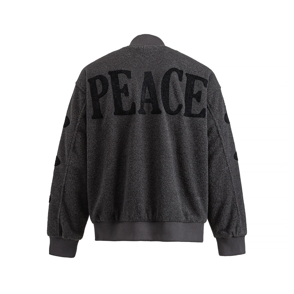 Back view of a charcoal varsity jacket with large black PEACE lettering across the shoulders.